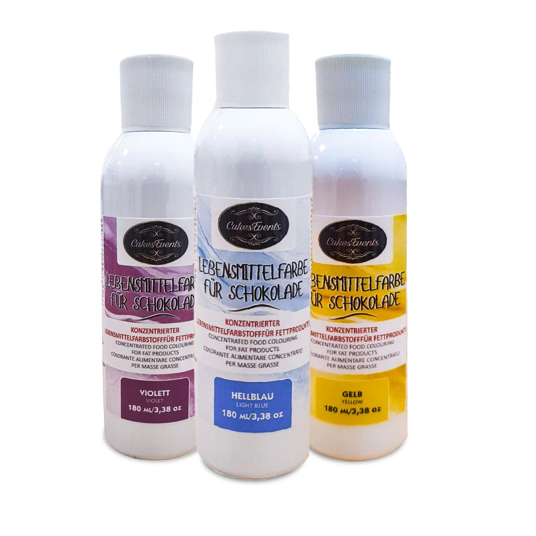 Lebensmittelfarbe FÜR SCHOKOLADE 3er Set Violet+Hell blau+gelb 180g Flüssigfarbstoff