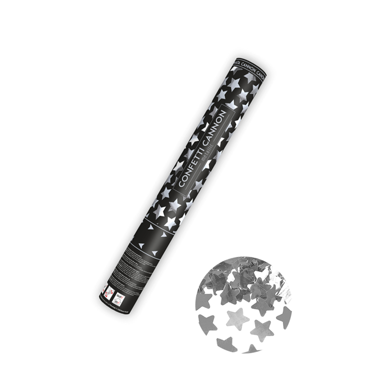 1 confetti cannon - 40cm - metallic - stars - silver 