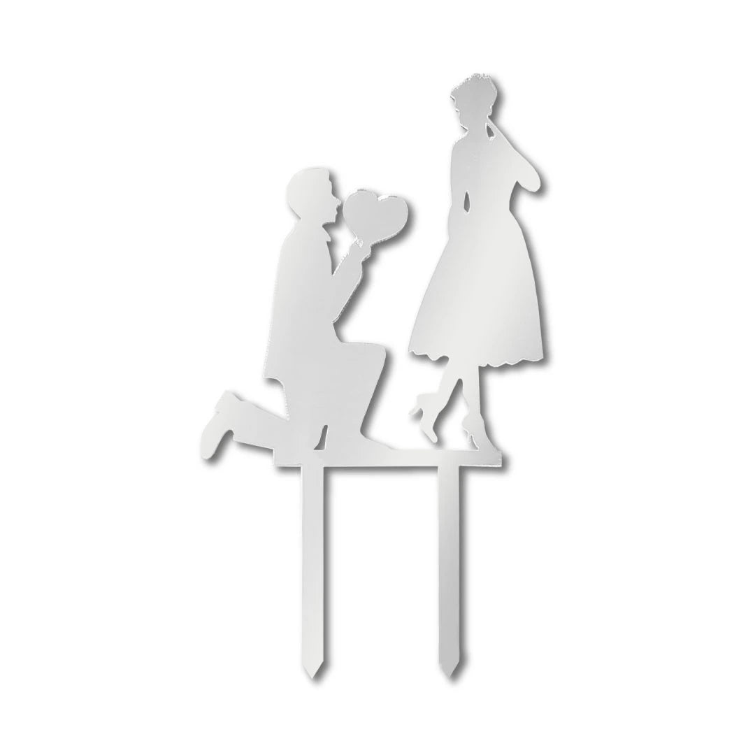 Cake Topper "Bride and Groom Proposal with Heart" Silver