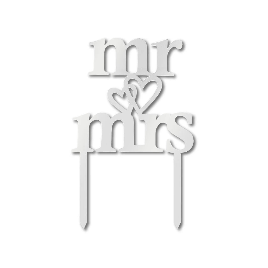 Cake topper "mr-heart-mrs" silver